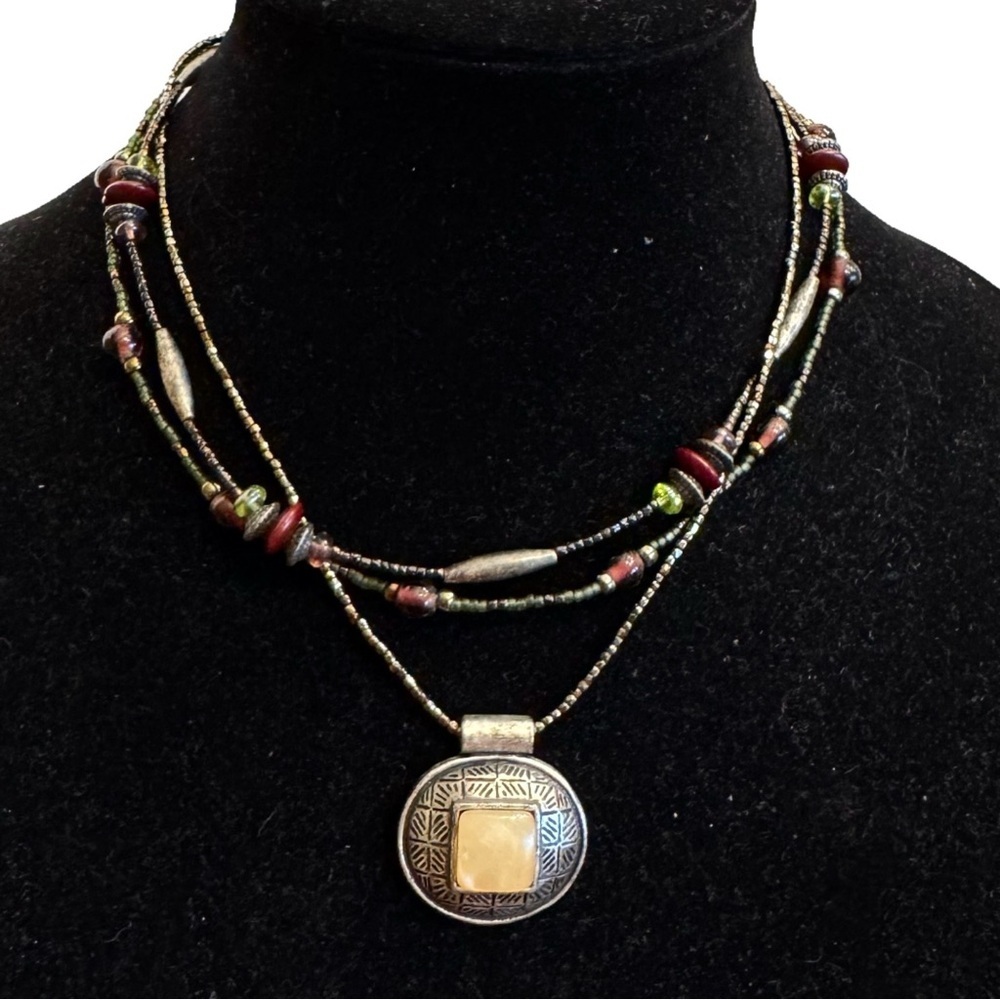 Chico's Multi Beaded String Statement Necklace Choker Green Earth tone Boho